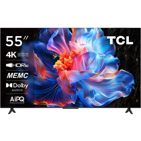 Телевизор TCL 55P6K с тонкими рамками на настольной подставке