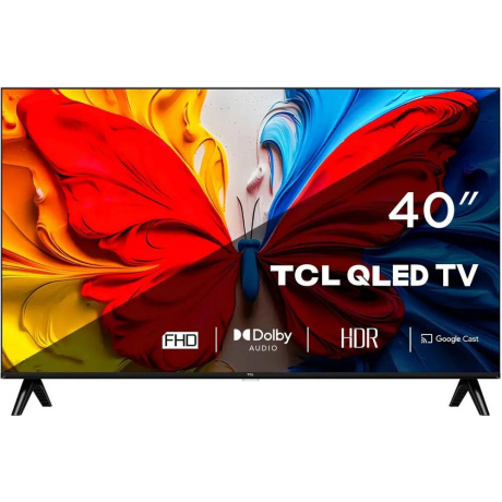 Телевизор TCL 40S5K 40 дюймов QLED Full HD в чёрном корпусе на тумбе